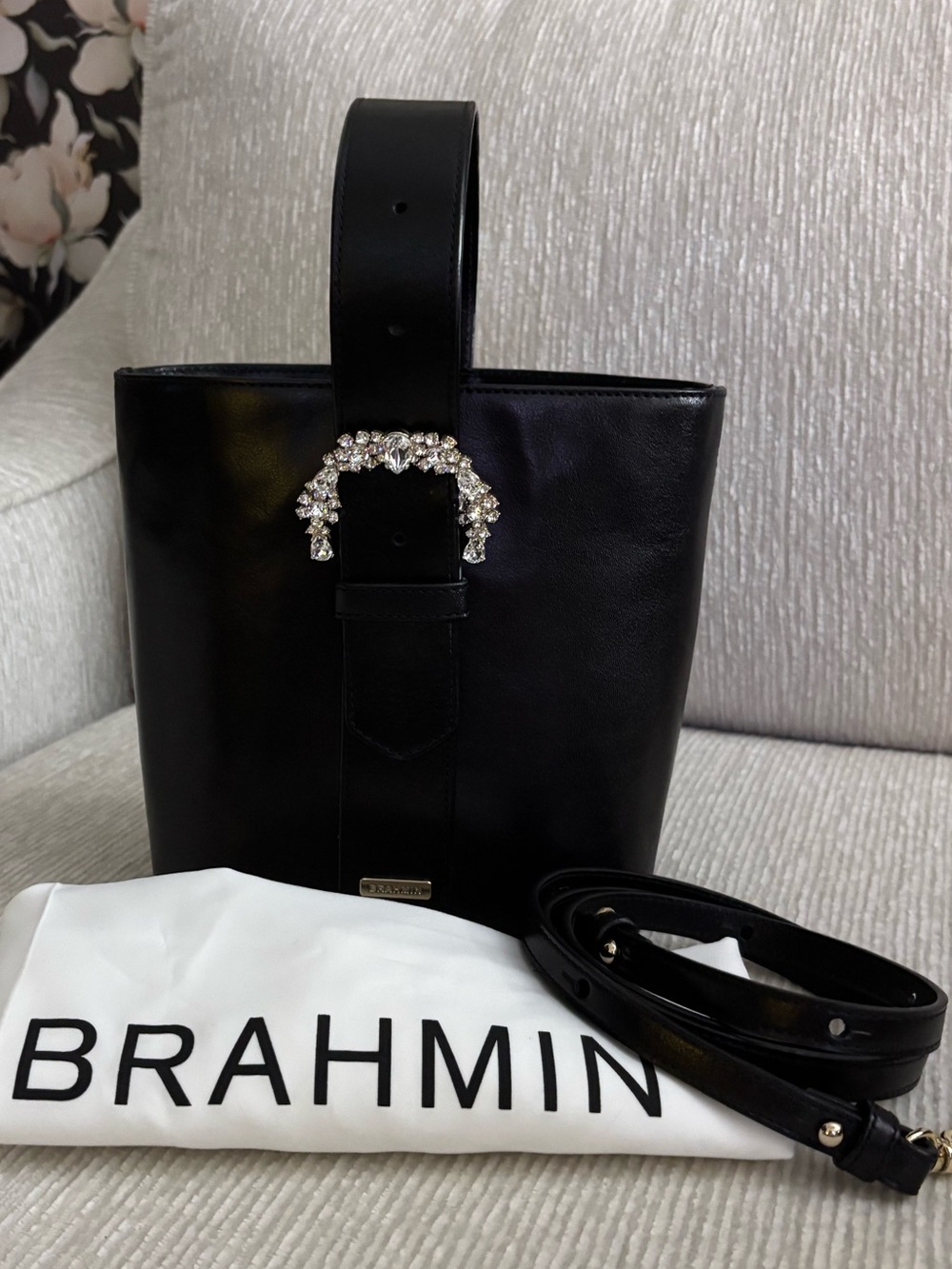 Brahmin Luxe Faith Crystal Buckle Bucket Bag Black Leather Crossbody
